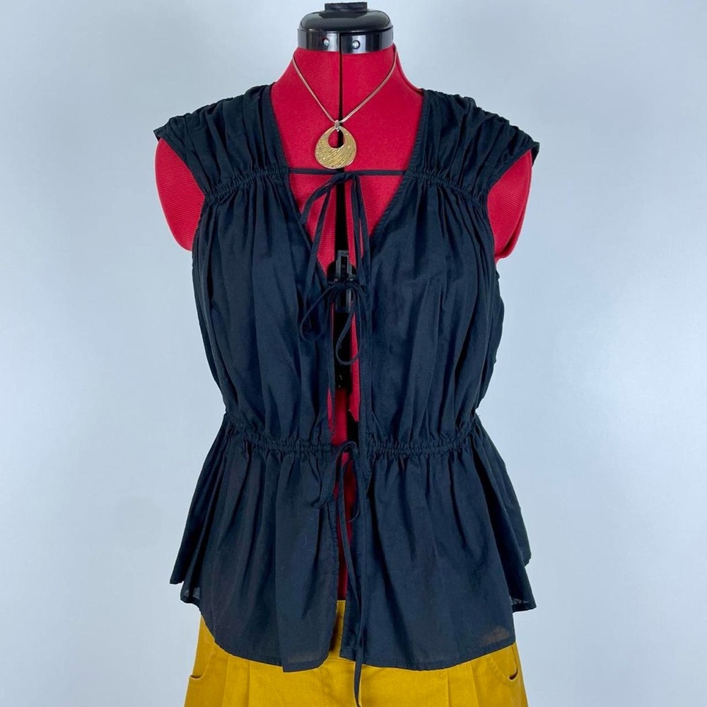 Black Tie-Front Ruched Peplum Top